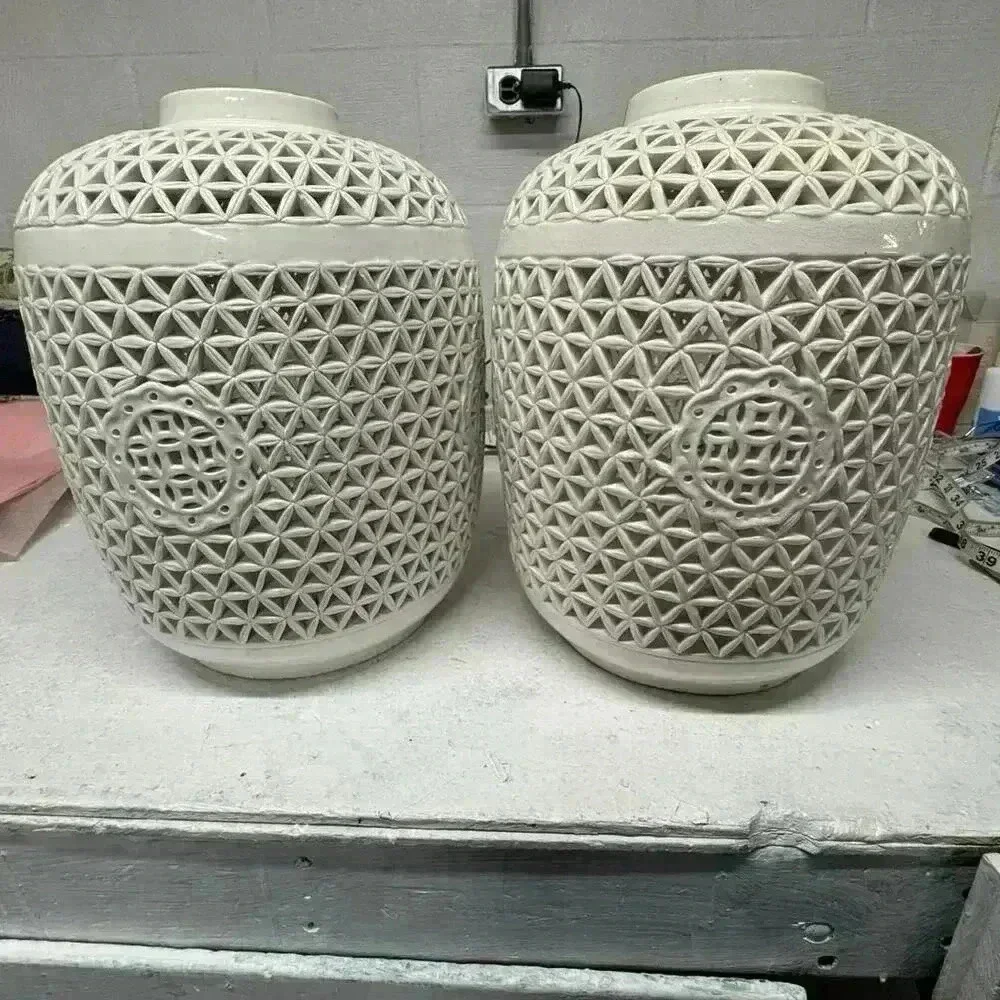 Pair of white majolica perforated Chinese Reticulated Porcelain Ceramic Vases